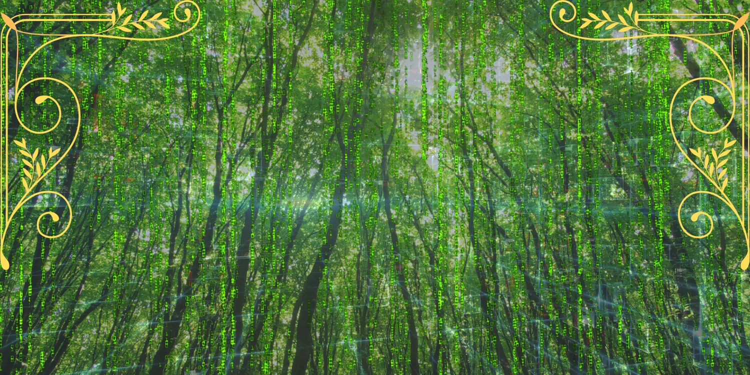 Matrix-style digital rain with green code cascading through a luminous grid