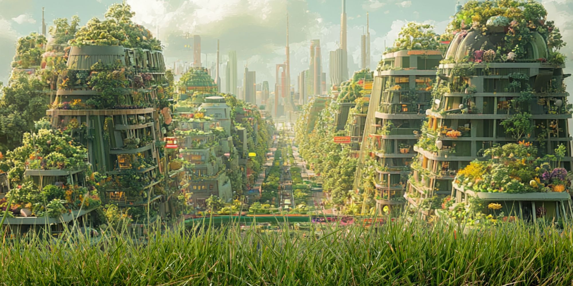 A solarpunk city where buildings are alive with gardens, vines, and vertical forests
