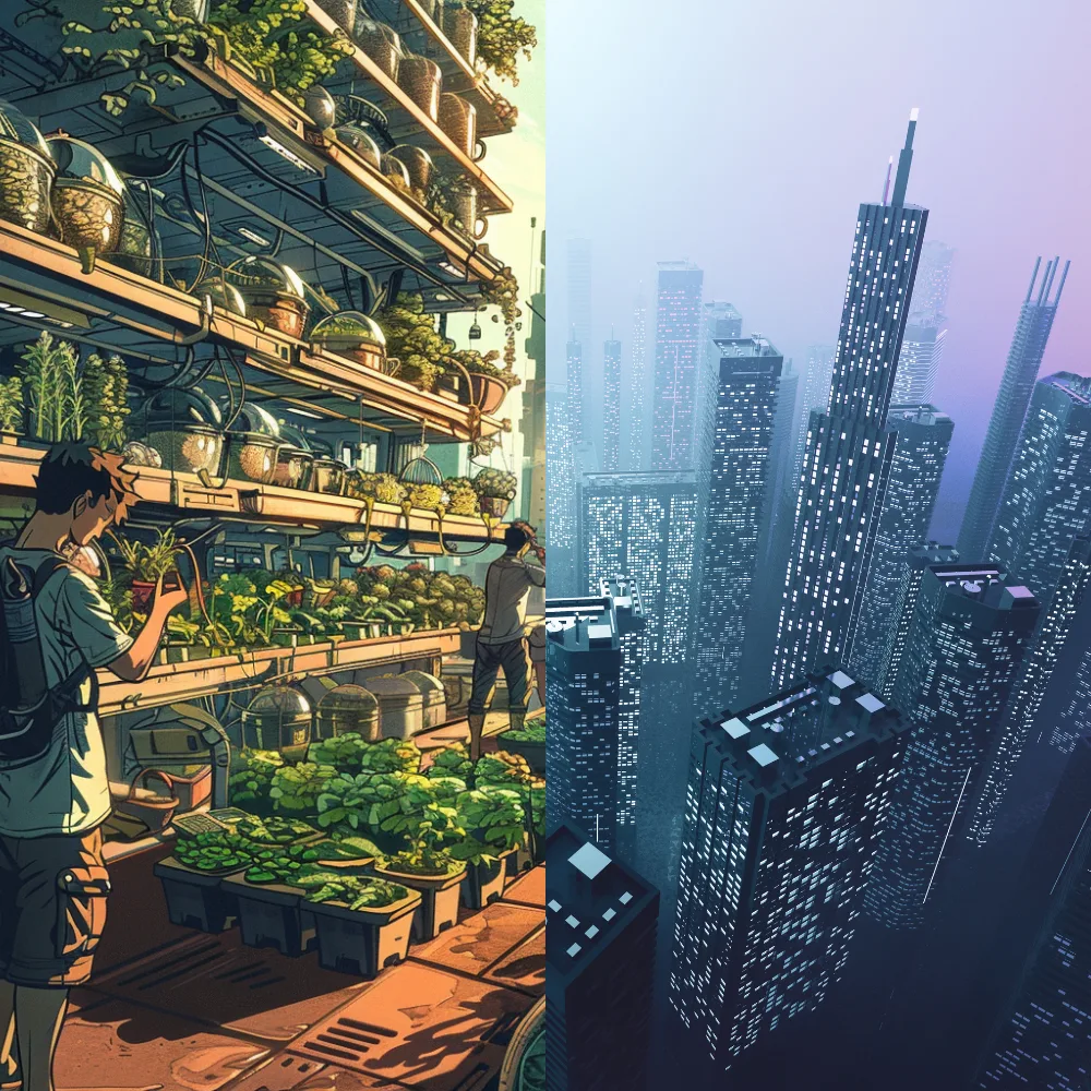 Solarpunk illustration showing a sustainable, green-technology future