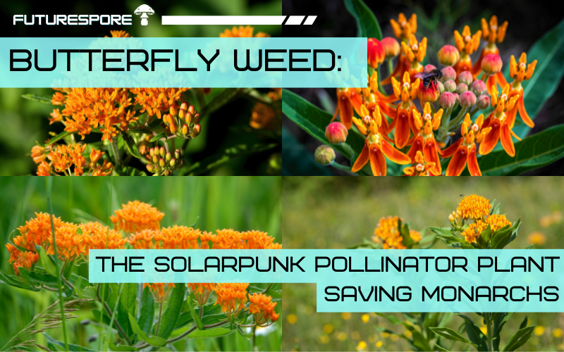 Bright orange butterfly weed flowers with a monarch butterfly perched on a cluster of blooms