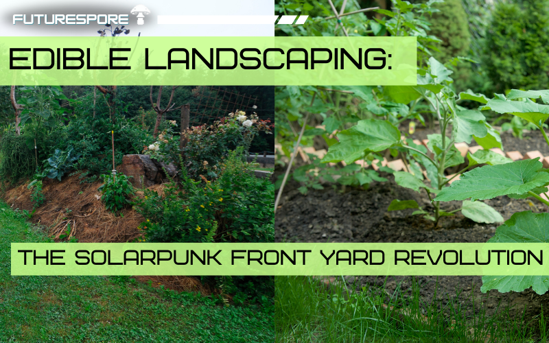A beautiful front yard converted to edible landscaping with fruit trees, herbs, and flowering kale instead of lawn