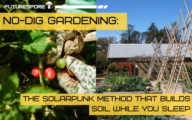 A no-dig garden bed layered with cardboard and rich compost, with vibrant lettuce and kale growing on top