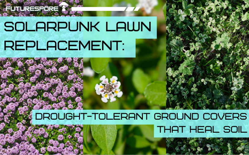 A lawn replaced with low-growing clover, creeping thyme, and buffalo grass, with bare footprints across the surface