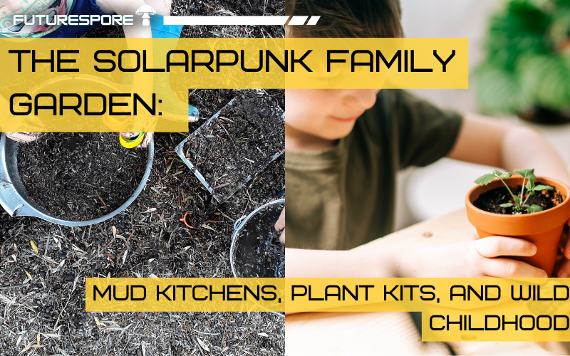 A backyard family garden with children digging in a mud kitchen and a small raised bed of vegetables they're tending