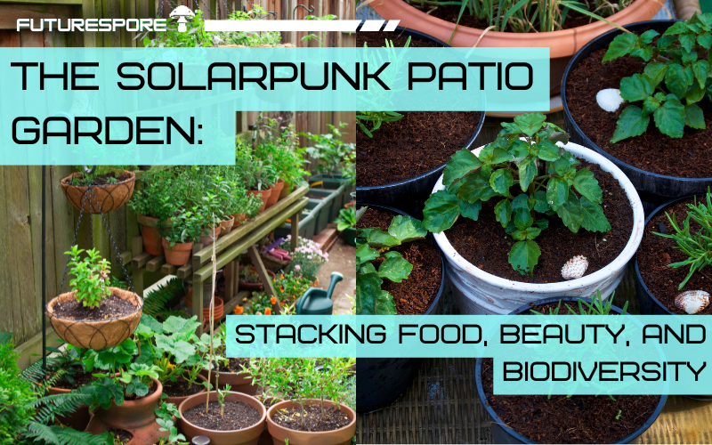 A small balcony patio garden with tiered containers, climbing beans, herbs, and a pollinator pot full of flowers